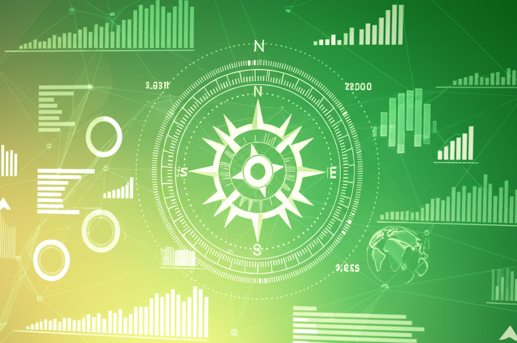Abstract digital compass with data visualization representing strategic direction