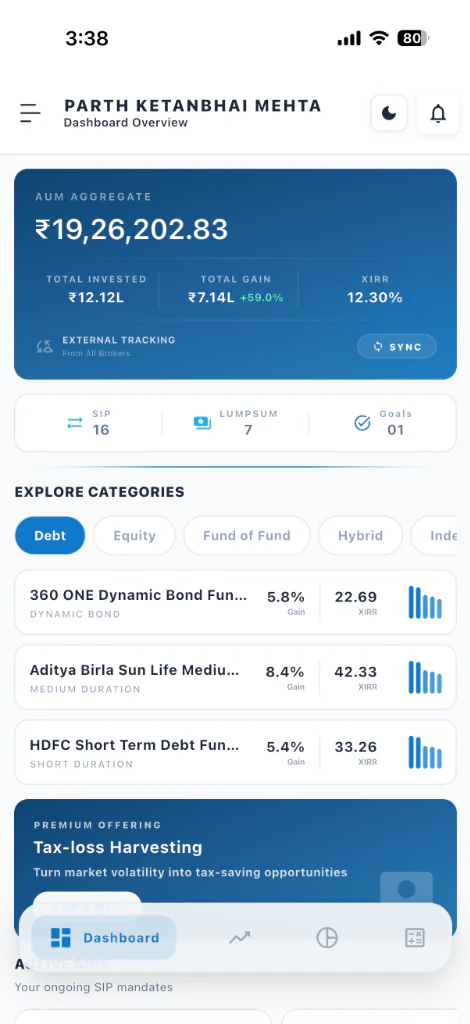 MFVance app — fund details with category allocation and equity distribution